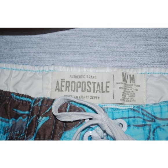 Aeropostale Swim Trunks Cargo Pockets Lined Blue Brown Large Hawaiian Flowers - Picture 6 of 6